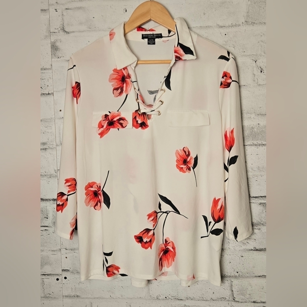 Beechers Brook Floral Lace Up Blouse XL Flowing Feminine Plus Size Top